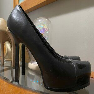Well Worn BEBE Liza Heels with Patent Toe Cap, 2 Pairs Black/Beige